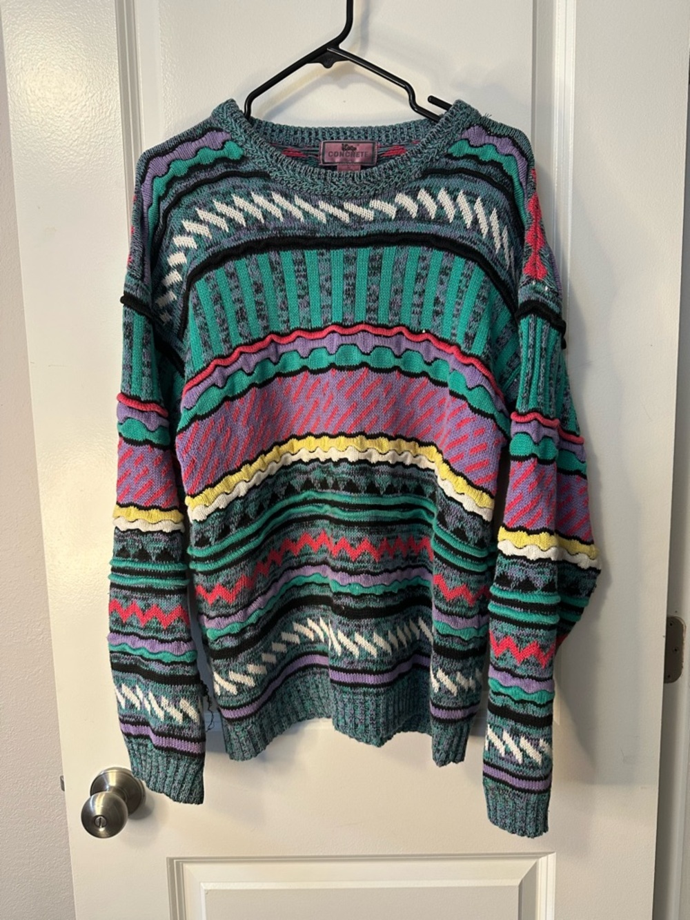 Vintage Colorful Teal Multicolor Patterned Crewneck Sweater Cotton geometric